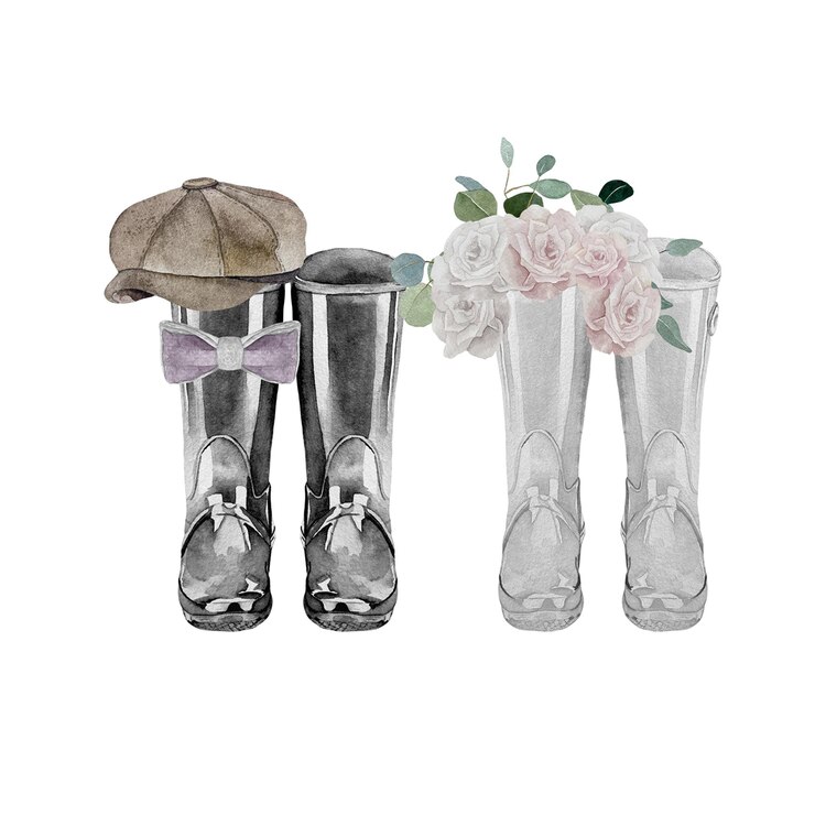 Vector composición de boda en acuarela con botas de agua para novios y ramos de damas de honor y accesorios de boda
