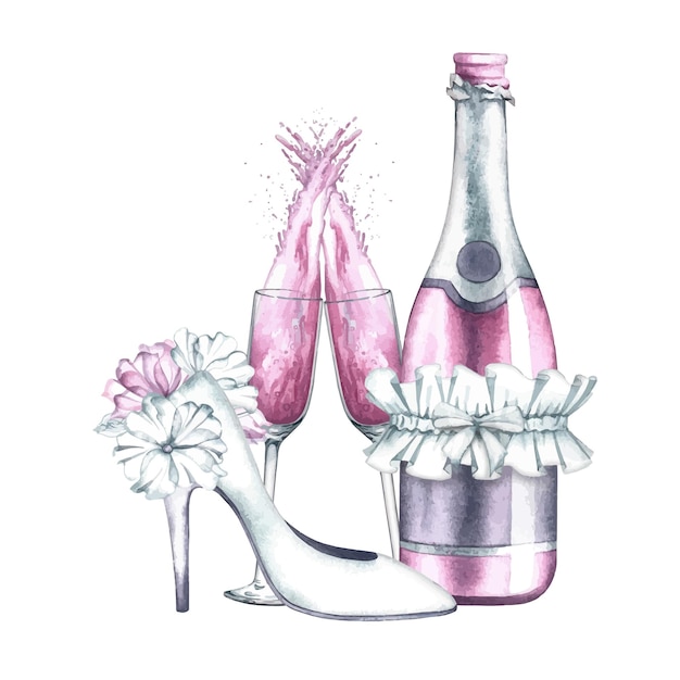 La composición de la boda está hecha en delicados tonos blancos y rosados Ilustración de acuarela vectorial