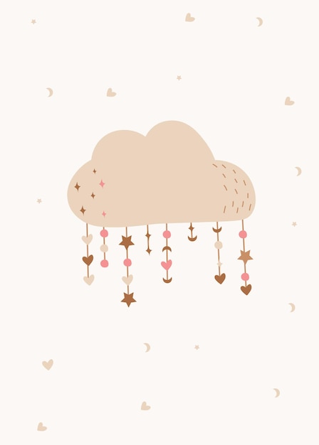 Composición boho con una nube pastel y estrellas alrededor. Ilustraciones en colores pastel para tarjetas, cumpleaños,.