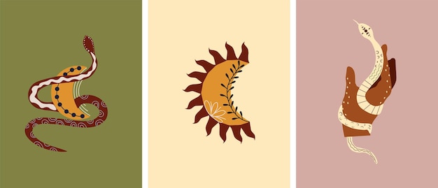 Composición boho con serpiente mística alrededor de la luna, serpiente mágica alrededor de la mano y la luna