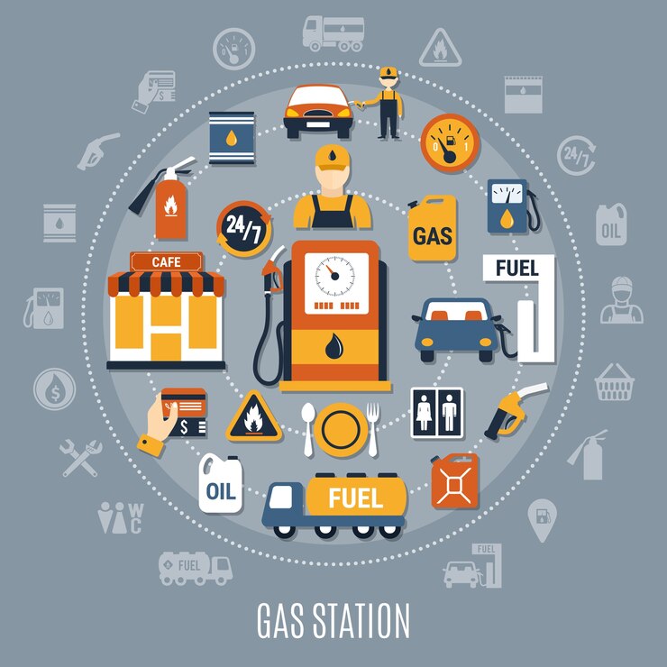 Vector composición de bomba de combustible gris plana con círculo grande y elementos de colores planos