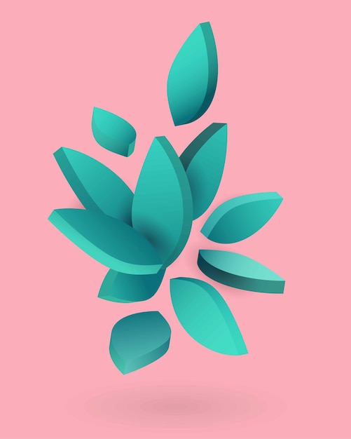 Composición botánica de hojas 3D sobre fondo rosa Fondo exótico tropical Banner de primavera de verano o diseño de póster elementos geométricos vector ilustración aislada