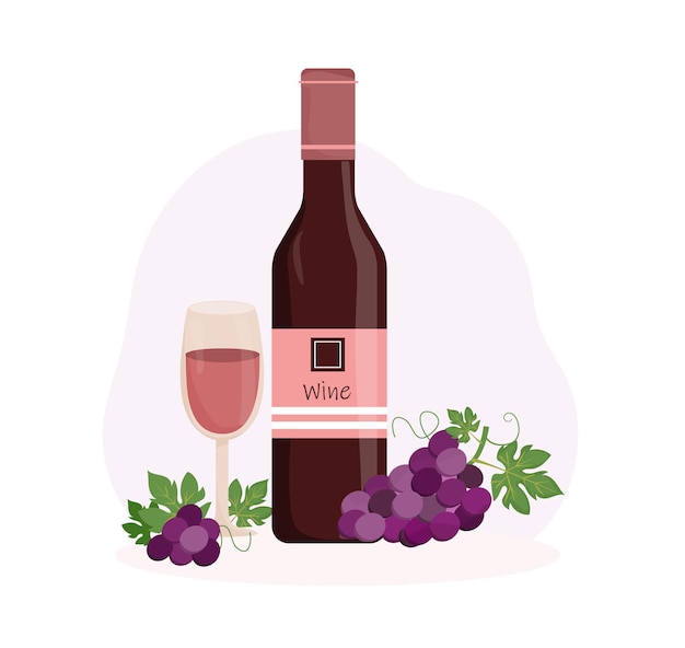 Composición con botella de vino tinto copa de vino y racimo de uvas Pruebas de vino Vendimia de uvas