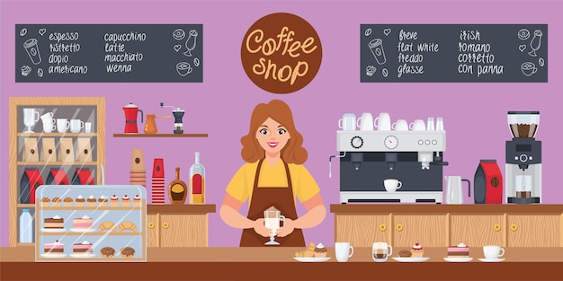 Composición de la cafetería con barista detrás de la barra de bar ilustración vectorial