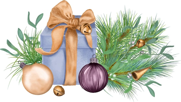 Composición de cajas de regalo decoraciones navideñas ilustración digital estilo acuarela aislado