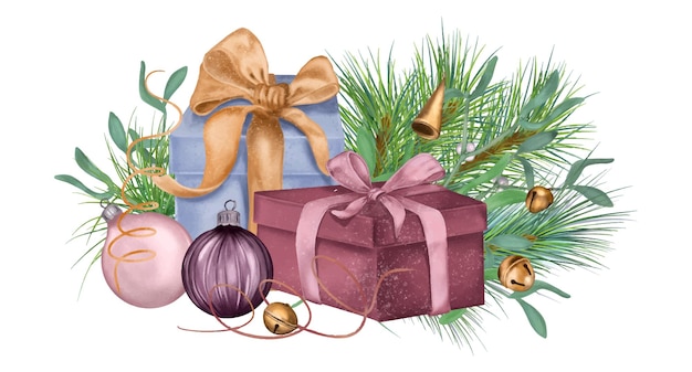 Composición de cajas de regalo decoraciones navideñas ilustración digital estilo acuarela aislado