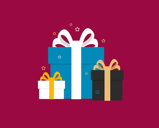 Composición de cajas de regalo envueltas decoradas con cinta y lazos con estrellas de confeti a su alrededor