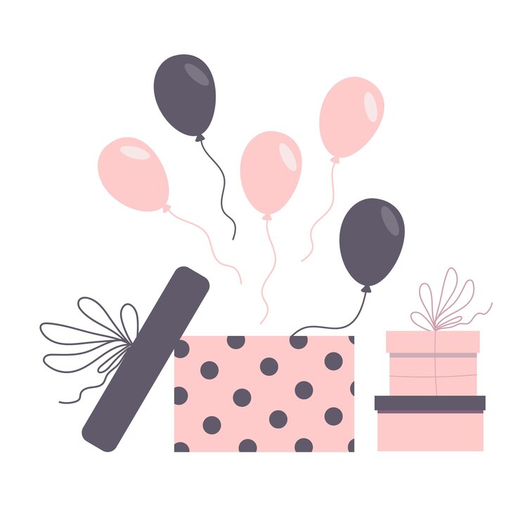 Composición de cajas de regalo y un regalo abierto con globos rosas y grises volando