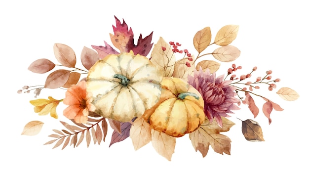 Composición de calabazas florales vectoriales de acuarela naranja borgoña beige y flores de terracota