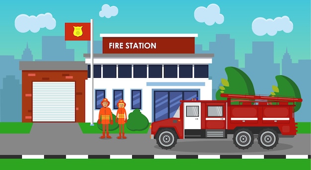 Vector la composición del camión de bomberos y la estación de bomberos ilustración vectorial