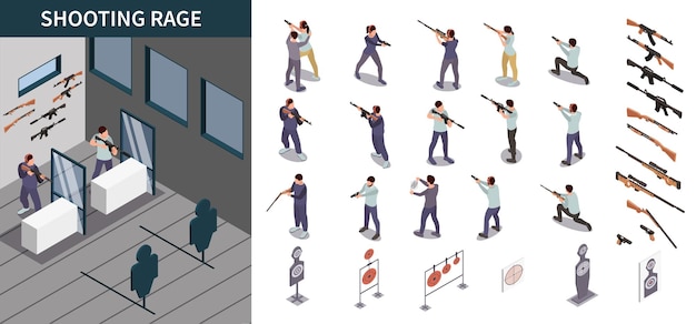 Composición de campo de tiro con curso militar y símbolos de club ilustración vectorial aislada isométrica