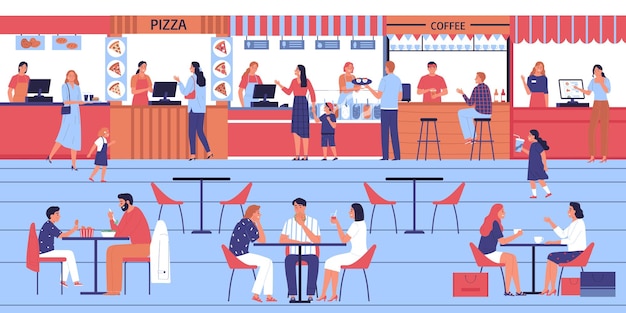 Composición de la cantina con vistas a comer personas sentadas en mesas de comida con contadores y trabajadores ilustración vectorial