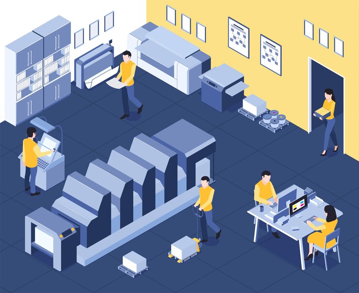 Vector composición de la casa de poligrafía isométrica con vista interior del departamento de producción con maquinaria, computadoras e ilustración de miembros del personal