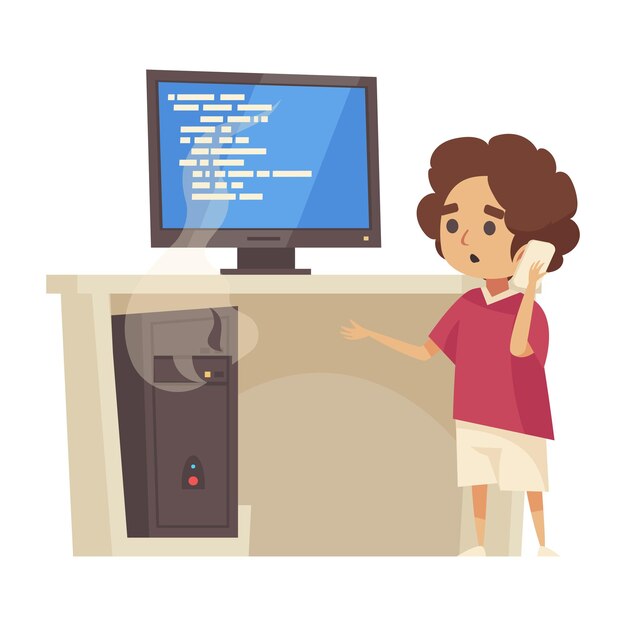 Composición del centro de llamadas de atención al cliente de los despachadores con un tipo que llama al teléfono y una ilustración de vector de computadora rota