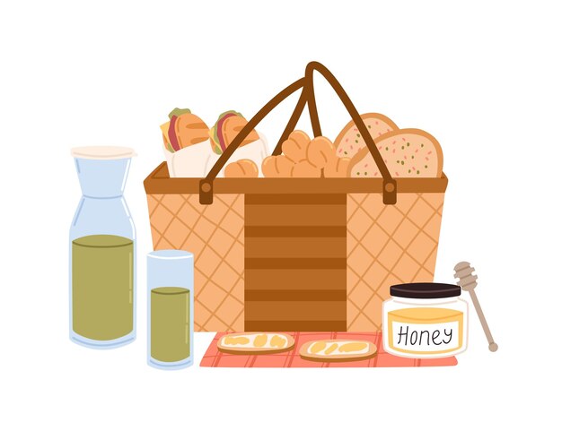Composición de cesta de picnic con bocadillos y frutas, botella de vidrio de jugo, pan rebanado y tarro de miel. Ilustración de vector plano colorido aislado sobre fondo blanco.