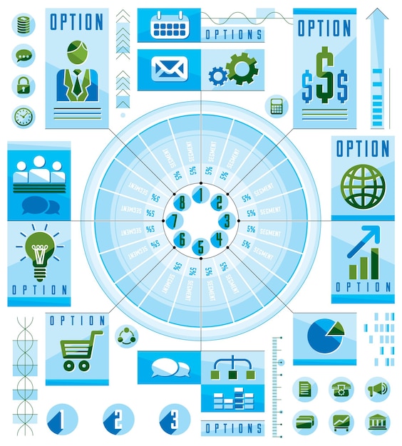 Composición circular de infografías, círculo dividido con sectores y líneas, ilustración de diseño vectorial.