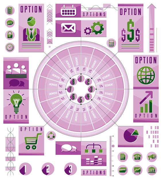 Composición circular de infografías, círculo dividido con sectores y líneas, ilustración de diseño vectorial.