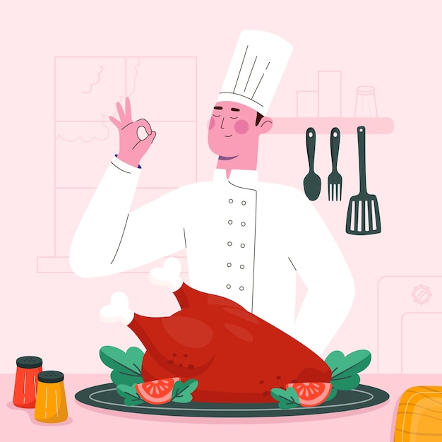 Vector composición de cocina plana dibujada a mano con un chef presentando un plato de pavo asado