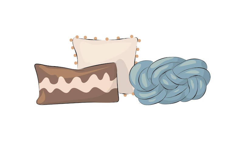 Vector composición de cojines almohadas de dormitorio doodle elementos decorativos interiores del hogar cojines con patrones y adornos geométricos modernos colores beige y azules ilustración de dibujos animados vectorial