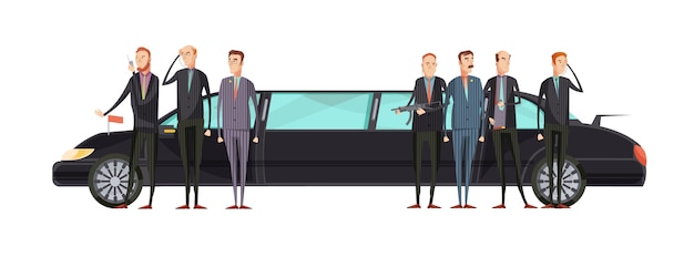 La composición coloreada de la agencia de inteligencia con trabajadores de servicios especiales se encuentra cerca de la ilustración vectorial de un vehículo blindado