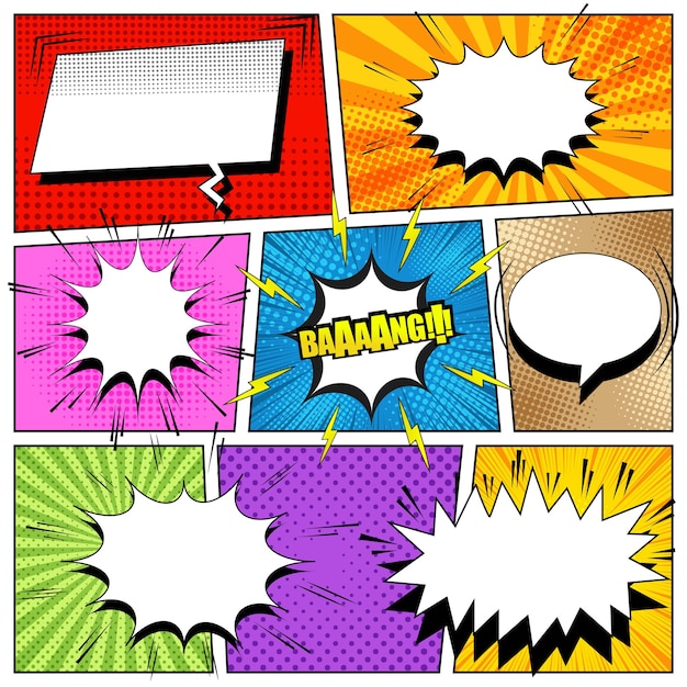 Composición colorida de cómic con bocadillos, flechas, relámpagos, sonido, rayos y diferentes efectos de semitonos