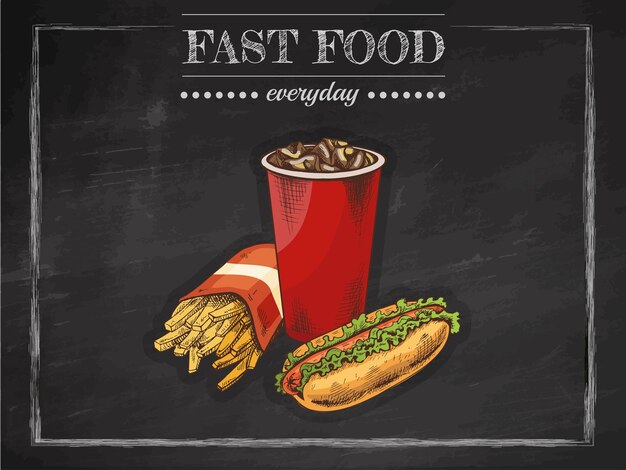 Composición de comida rápida vintage dibujada a mano con papas fritas de cola y perrito caliente en el fondo de la pizarra