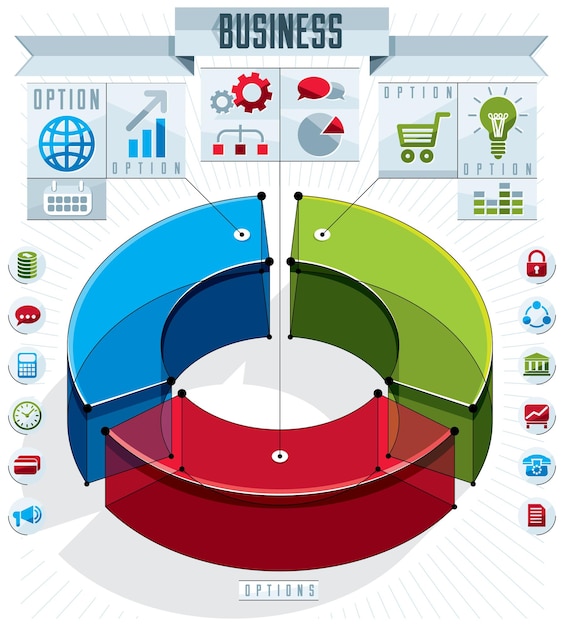 Vector composición conceptual de infografías creativas, idea de círculo 3d de tres sectores, ilustración de diseño vectorial.