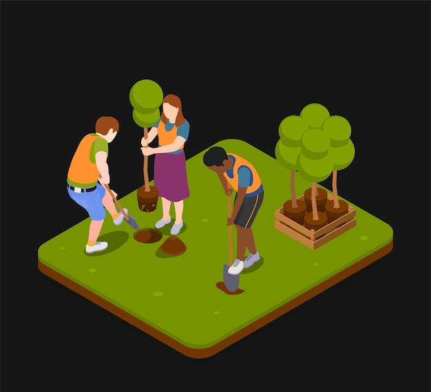 Composición de conciencia ecológica sobre fondo negro con personas que cuidan el medio ambiente plantando árboles en el jardín ilustración vectorial isométrica 3d