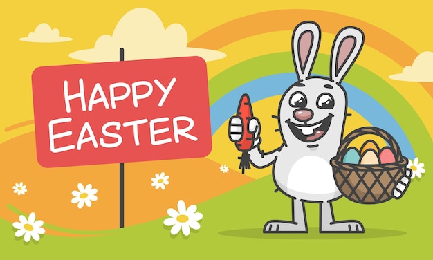 Composición Conejito de Pascua con cesta y zanahoria. Ilustración de vector. Personaje de mascota.