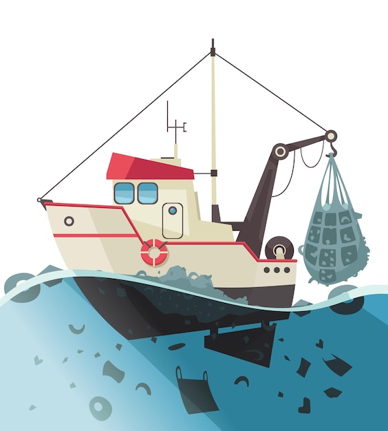 Composición de la contaminación del agua natural con vistas al barco de pesca que arrastra la red llena de ilustraciones vectoriales de basura