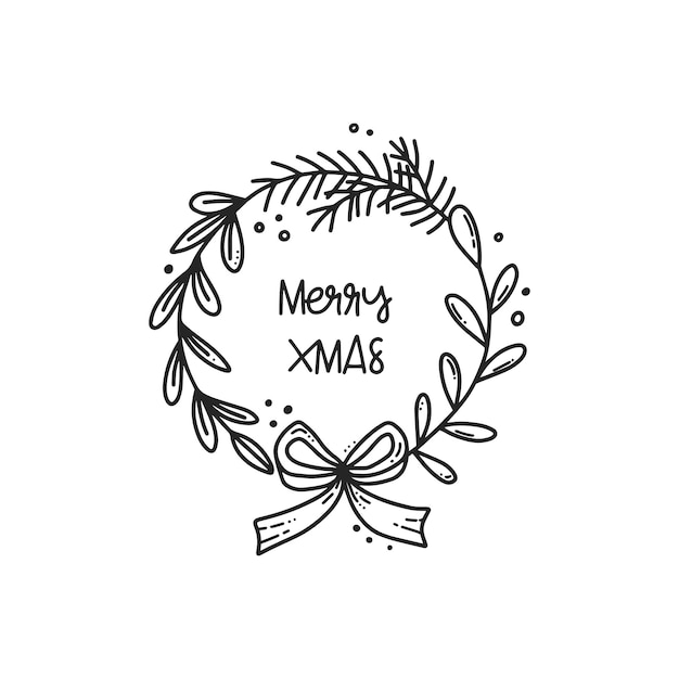Composición de contorno negro dibujado a mano de la tarjeta de felicitación de Navidad con letras de arco de regalo de corona de Navidad
