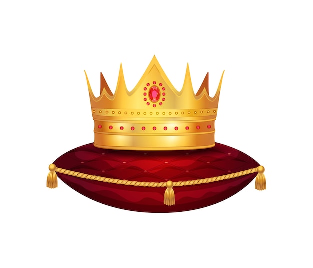 Composición de la corona de oro real con imagen aislada de corona sobre almohada de terciopelo rojo