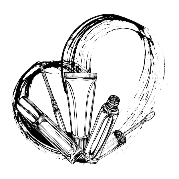 Composición cosmética brillos de labios lápices de ojos Gráficos dibujados a mano en blanco y negro ilustración vectorial