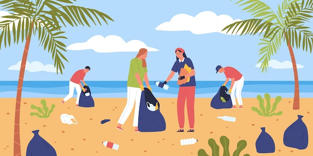Composición de la costa de basura con un paisaje de playa al aire libre con palmeras marinas y personas que recogen basura en sacos ilustración