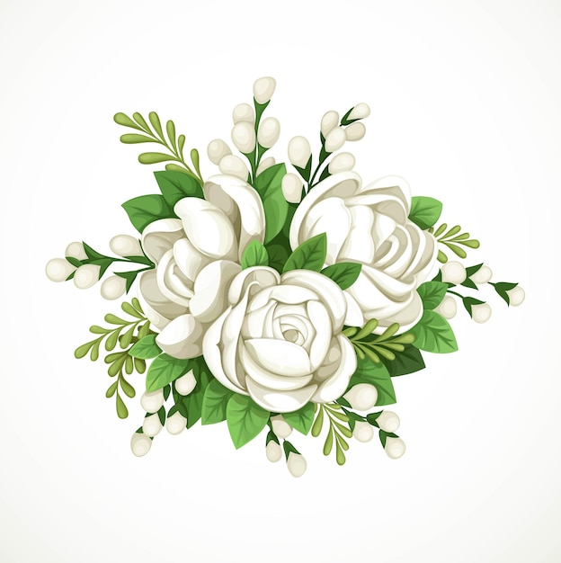 Composición decorativa de flores blancas y hojas verdes aisladas sobre fondo blanco