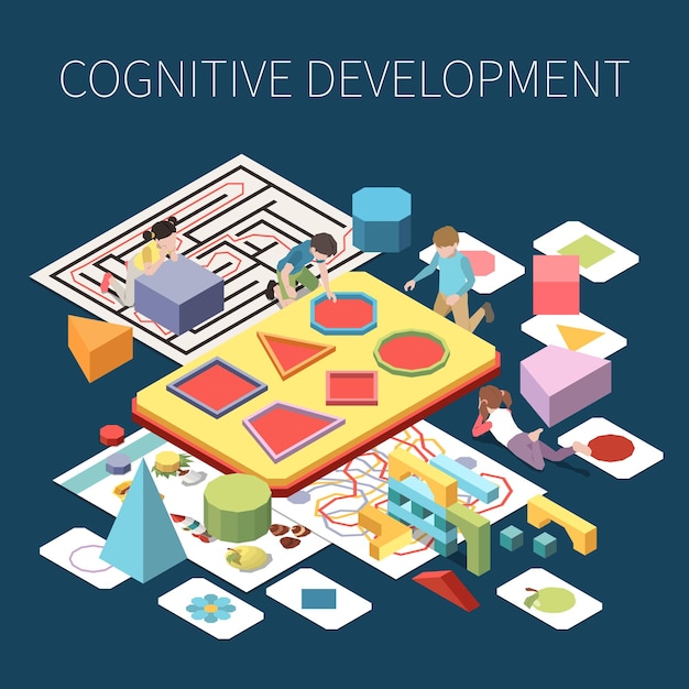 Composición de desarrollo cognitivo de educación preescolar con niños pequeños aprendiendo y jugando con formas y tarjetas 3d ilustración vectorial isométrica
