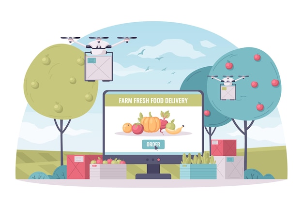Composición de dibujos animados de agricultura inteligente con cajas con vista al jardín con frutas y drones de entrega voladores con ilustración de computadora
