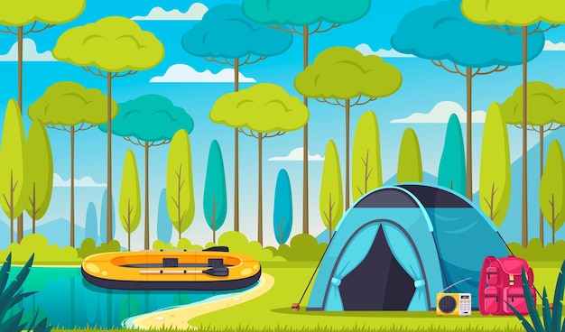 Composición de dibujos animados de camping con mochila de radio de barco de tienda en el bosque