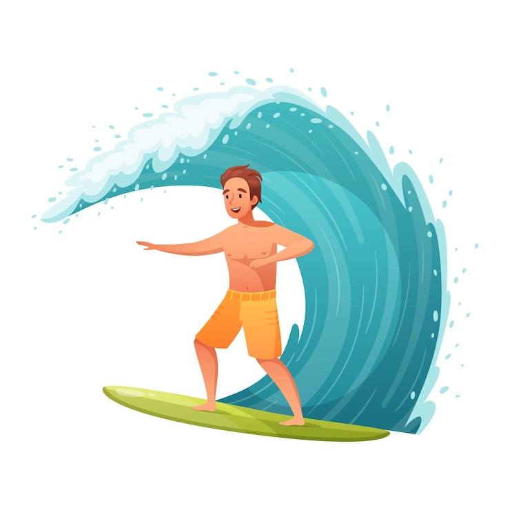 Vector composición de dibujos animados de deportes acuáticos de verano con carácter de hombre de pie en tabla de surf con ilustración de vector de onda