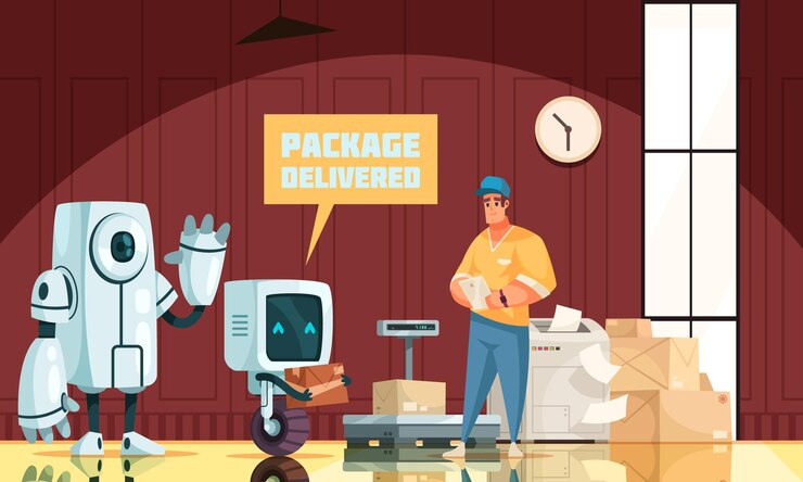Vector composición de dibujos animados futurista de entrega automática con trabajador de almacenamiento y amigables personajes de cartero de android con paquete y carta ilustración plana