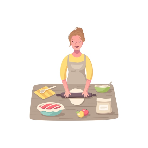 Vector composición de dibujos animados de pasatiempos con personaje femenino cocinando alimentos con utensilios de cocina