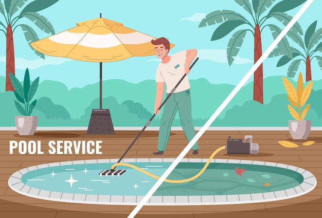 Vector composición de dibujos animados de servicio de piscina con hombre limpiando piscina al aire libre con ilustración de vector de aspiradora