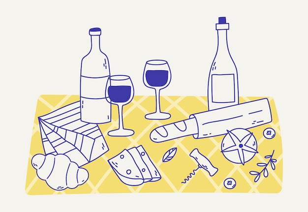 Composición de dibujos de picnic con elementos de verano y comida