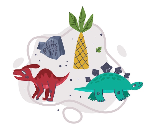 Composición de Dino Park con dinosaurios divertidos como una linda criatura prehistórica y una ilustración vectorial de depredadores cómicos