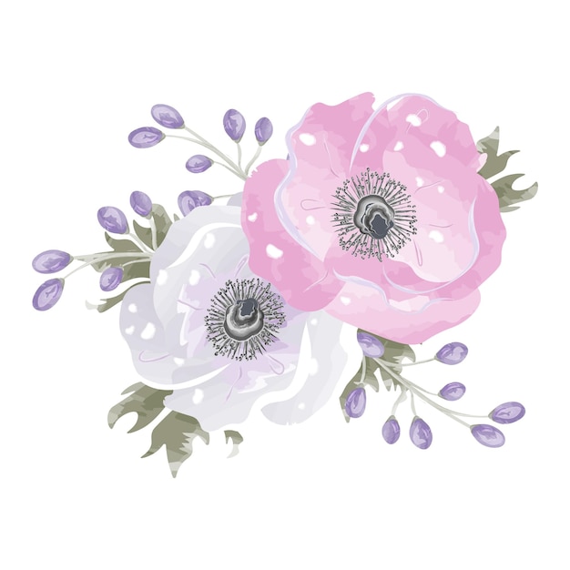 composición de dos delicadas flores y hojas de acuarela