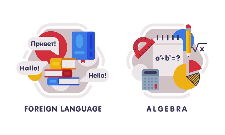 Vector composición educativa escolar con subtítulos de texto y conjunto vectorial de objetos educativos