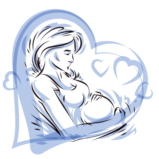 Vector composición elegante del vector del contorno del cuerpo de la mujer embarazada rodeada por un marco en forma de corazón. día de la madre.