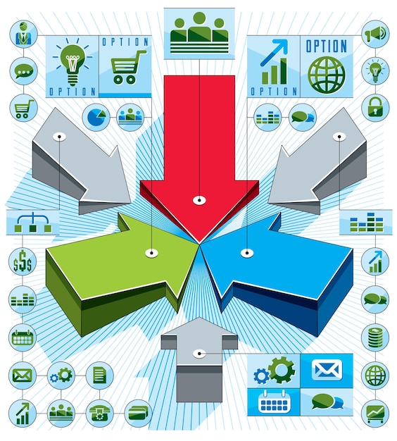 Composición de elementos infográficos creativos, flechas 3d que apuntan a la idea central, ilustración vectorial.