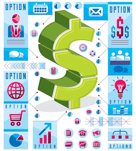 Vector composición de elementos infográficos creativos, idea de signo de dólar en capas, plantilla de diseño vectorial.