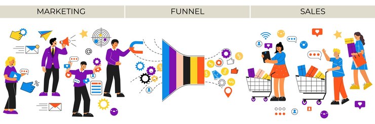 Vector composición de embudo con texto e iconos planos aislados personajes de equipos de marketing y ventas que intercambian ilustraciones de vectores de datos